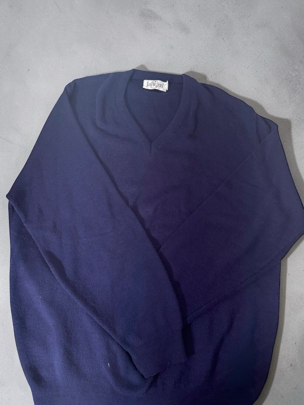 Vintage Jantzen Sweater Mens XXL Blue V Neck Pullover Made USA Knit Classic